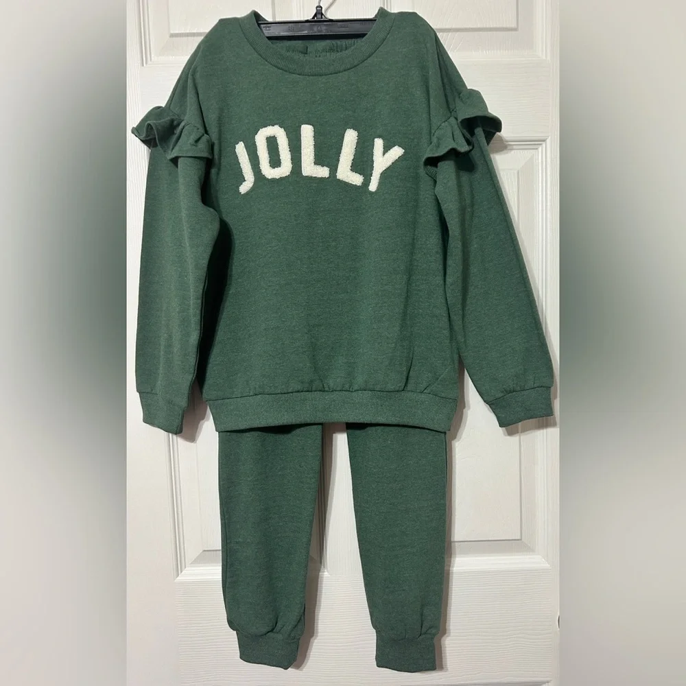 Jessica Simpson Girls Matching Jogger Set Green “JOLLY” Christmas Size 7/8